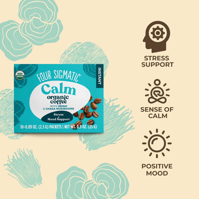 Four Sigmatic Calm Organic Instant Coffee | Medium Roast Arabica with Reishi & Chaga Mushrooms for Stress Relief & Mood Support | USDA Organic | Half Caffeine | 10 Packets - Image 2