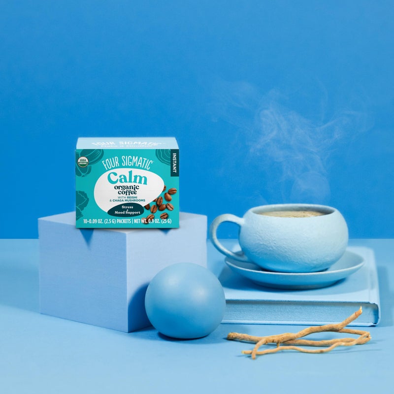 Four Sigmatic Calm Organic Instant Coffee | Medium Roast Arabica with Reishi & Chaga Mushrooms for Stress Relief & Mood Support | USDA Organic | Half Caffeine | 10 Packets - Image 4