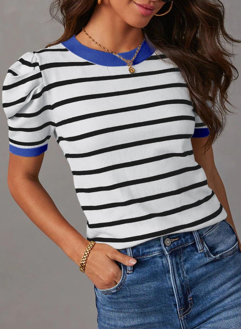 Dokotoo Cropped Tops for Women 2026 Trendy Crewneck Casual Blue Striped Blouse Puff Sleeve Summer Clothing Color Block Knitted Shirts Casual Business Outfits for Outgoing Large - Image 4