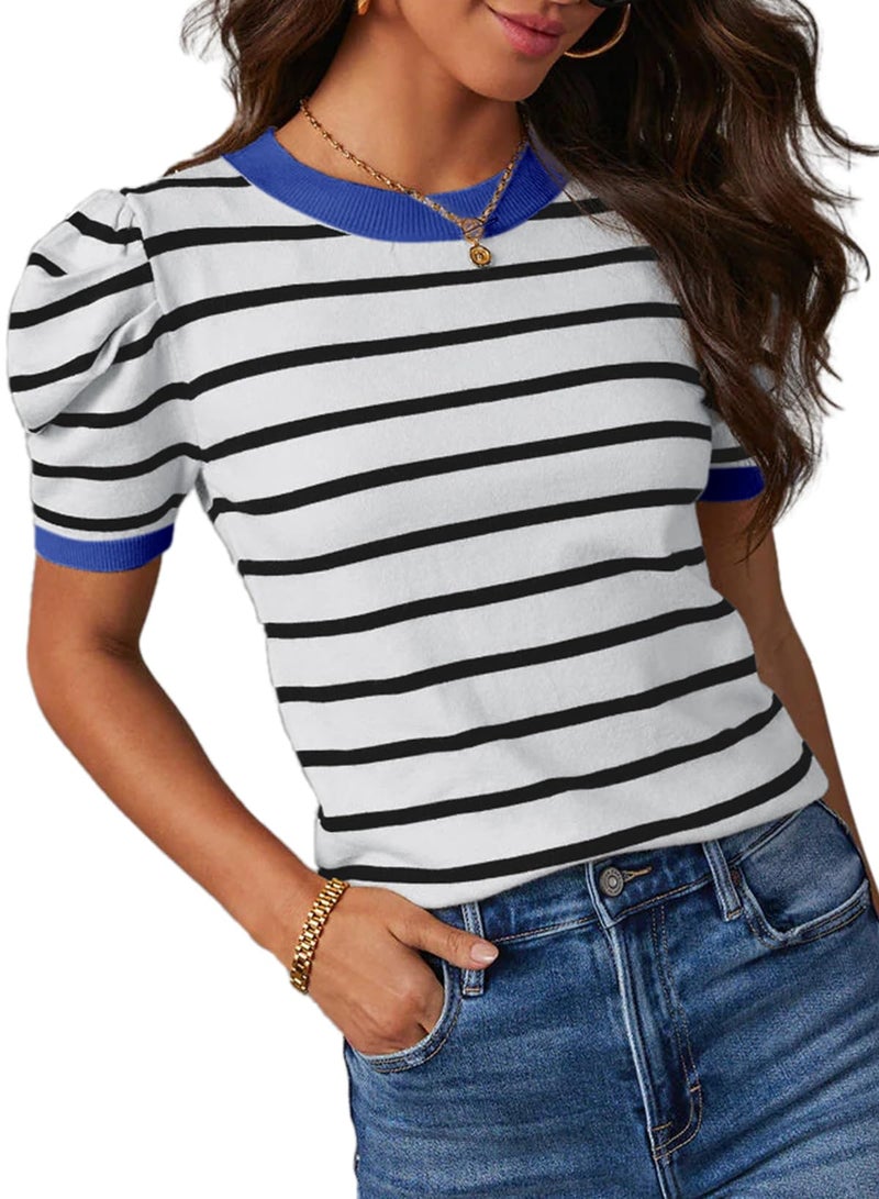 Dokotoo Cropped Tops for Women 2026 Trendy Crewneck Casual Blue Striped Blouse Puff Sleeve Summer Clothing Color Block Knitted Shirts Casual Business Outfits for Outgoing Large - Image 1