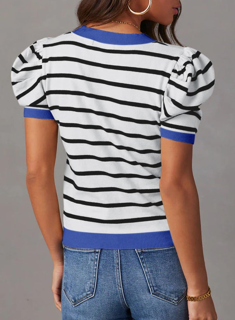 Dokotoo Cropped Tops for Women 2026 Trendy Crewneck Casual Blue Striped Blouse Puff Sleeve Summer Clothing Color Block Knitted Shirts Casual Business Outfits for Outgoing Large - Image 3