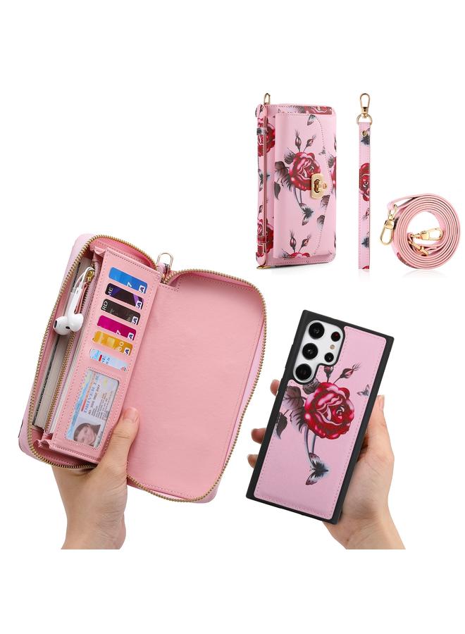 S-TOP Case For Samsung Galaxy S23 Ultra 5G Flower Multi-functional Crossbody Zipper Wallet Leather Phone Case - Image 3