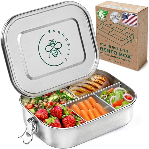 Everusely - Bento Box - Stainless Steel Lunch Box for Adults - 47 oz, 1.4 L - 5 Compartment Snack Container with Removable Silicone Seal & Secure Lock Clips - Leakproof & Dishwasher Safe - Image 1