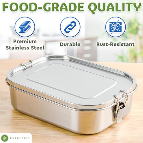 Everusely - Bento Box - Stainless Steel Lunch Box for Adults - 47 oz, 1.4 L - 5 Compartment Snack Container with Removable Silicone Seal & Secure Lock Clips - Leakproof & Dishwasher Safe - Image 3