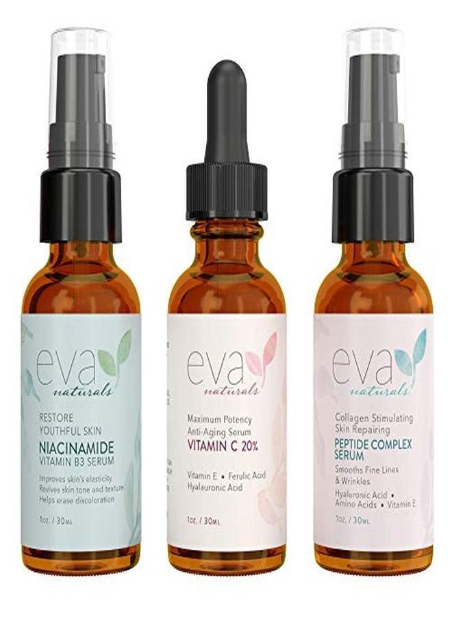 Eva Naturals & Glow Skincare Set Of 3 Serums - Skin Care Kit With 20% Vitamin C Serum, Peptide Complex Serum, Niacinamide Vitamin B3 Serum By Eva Naturals  - Image 1