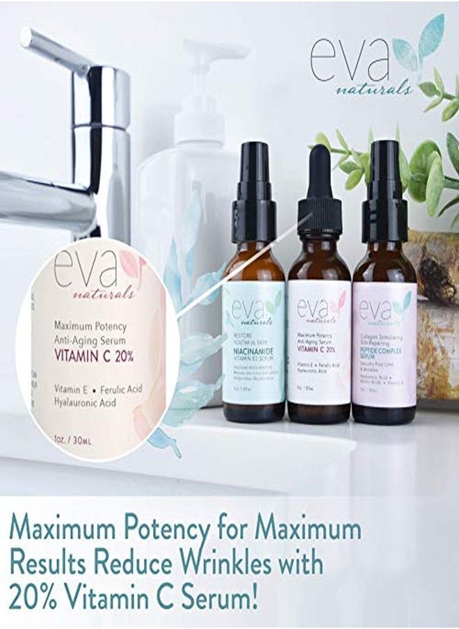 Eva Naturals & Glow Skincare Set Of 3 Serums - Skin Care Kit With 20% Vitamin C Serum, Peptide Complex Serum, Niacinamide Vitamin B3 Serum By Eva Naturals  - Image 3