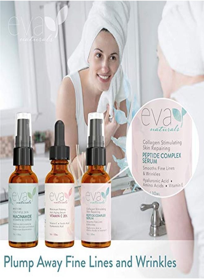Eva Naturals & Glow Skincare Set Of 3 Serums - Skin Care Kit With 20% Vitamin C Serum, Peptide Complex Serum, Niacinamide Vitamin B3 Serum By Eva Naturals  - Image 4