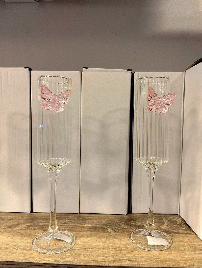 Premium Glass Champagne Flute with Pink Butterfly - Image 1