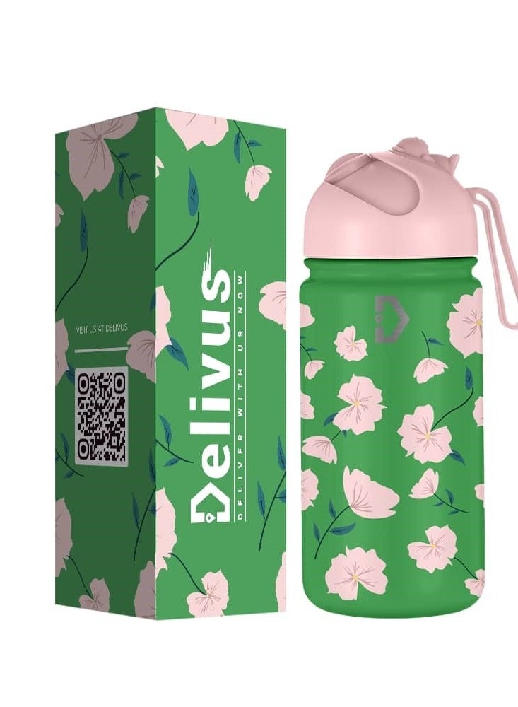 Delivus Kids Water Bottle BPA Free 14 OZ with 2 Straws and Cleaning Set Children Double Wall Stainless Steel Drinking Bottles Thermos Insulation Flask ( Green ) - Image 1