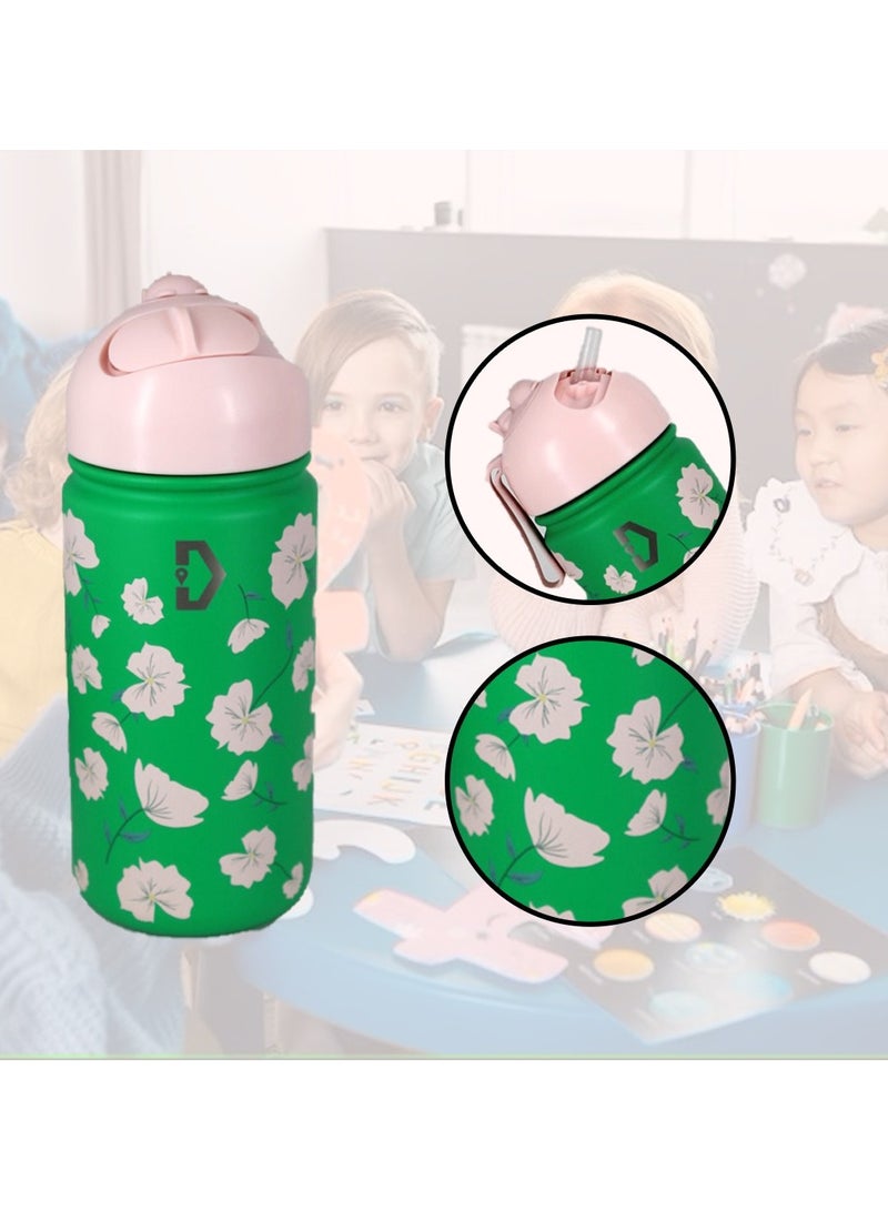 Delivus Kids Water Bottle BPA Free 14 OZ with 2 Straws and Cleaning Set Children Double Wall Stainless Steel Drinking Bottles Thermos Insulation Flask ( Green ) - Image 2
