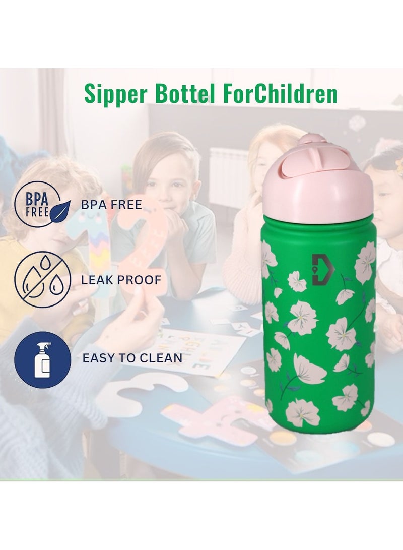 Delivus Kids Water Bottle BPA Free 14 OZ with 2 Straws and Cleaning Set Children Double Wall Stainless Steel Drinking Bottles Thermos Insulation Flask ( Green ) - Image 3