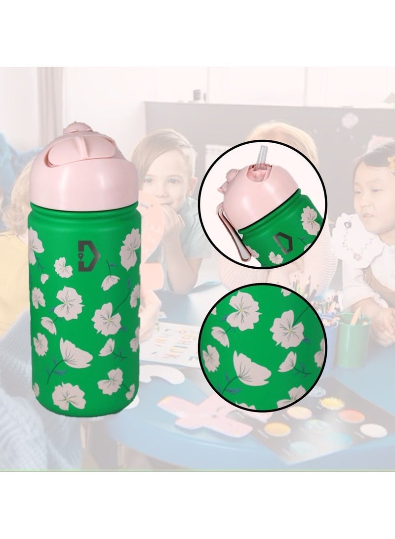 Delivus Kids Water Bottle BPA Free 14 OZ with 2 Straws and Cleaning Set Children Double Wall Stainless Steel Drinking Bottles Thermos Insulation Flask ( Green ) - Image 4
