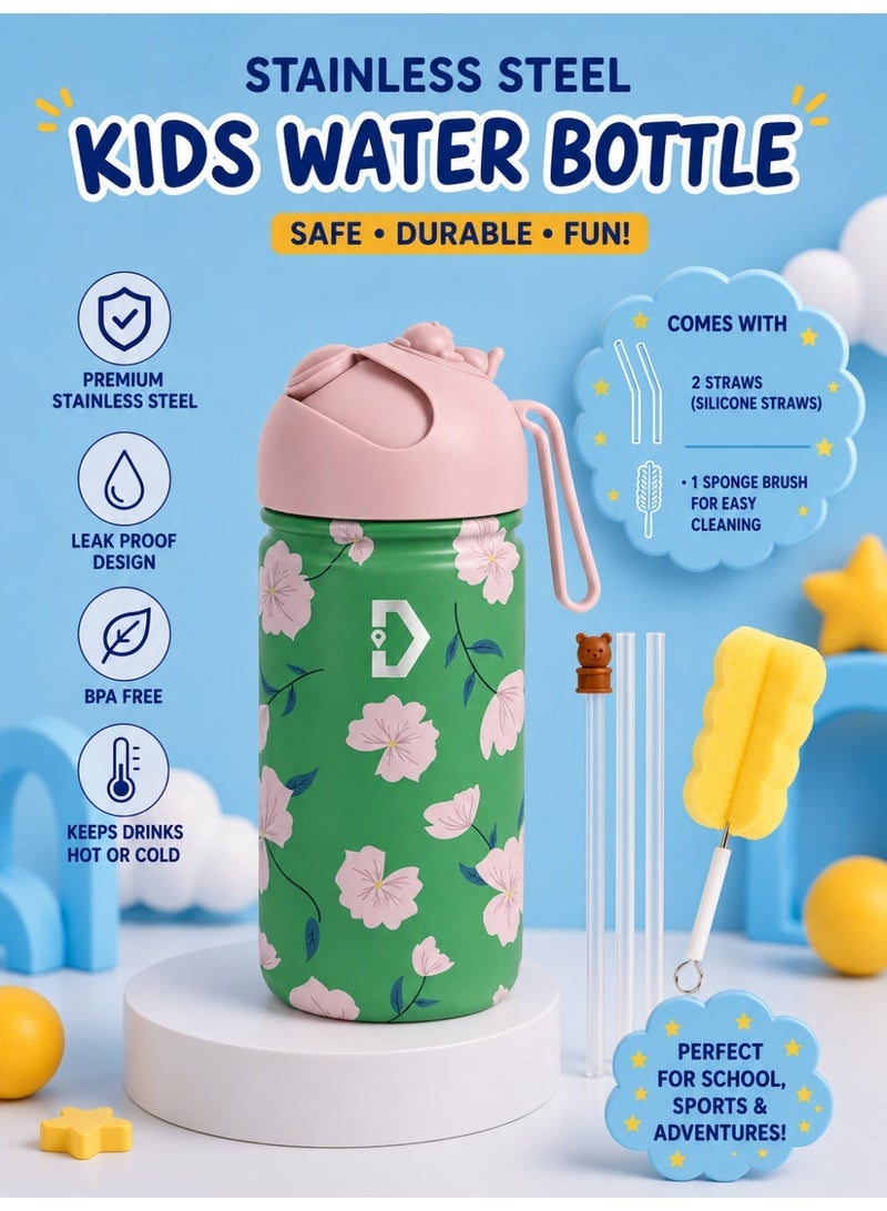 Delivus Kids Water Bottle BPA Free 14 OZ with 2 Straws and Cleaning Set Children Double Wall Stainless Steel Drinking Bottles Thermos Insulation Flask ( Green ) - Image 2