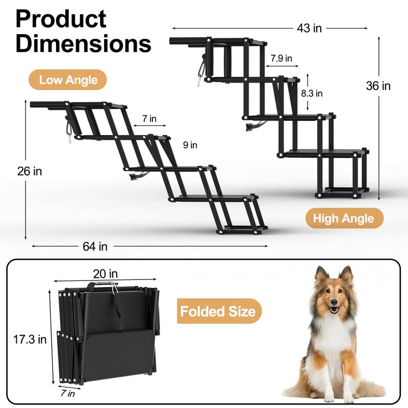 PetRuna Extra Wide Dog Stairs for Large Dogs, Foldable Dog Ramp for Car with Non-Slip Surface, Lightweight Dog Stairs for Cars, Dog Steps for Cars, SUV, High Beds, Truck, Supports up to 250 lbs, 4 Steps - Image 3