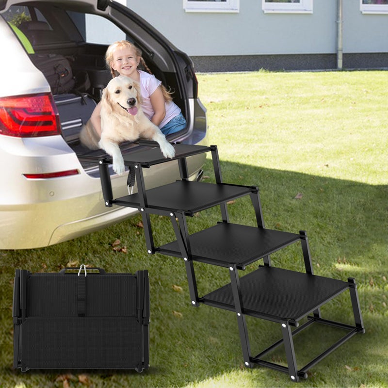 PetRuna Extra Wide Dog Stairs for Large Dogs, Foldable Dog Ramp for Car with Non-Slip Surface, Lightweight Dog Stairs for Cars, Dog Steps for Cars, SUV, High Beds, Truck, Supports up to 250 lbs, 4 Steps - Image 1