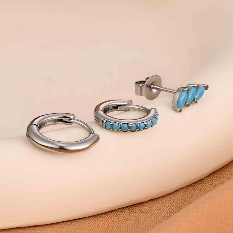 NOKMIT 3 Pairs Mini Hoop Earrings Set for Women Turquoise Huggie Hoop Cute Small Sterling Silver Cartilage Earring Ear Cuff for Multiple Piercing (Turquoise, G) - Image 4