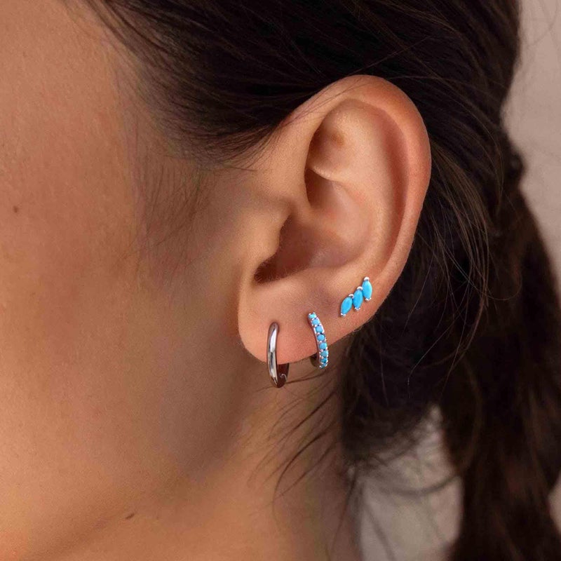 NOKMIT 3 Pairs Mini Hoop Earrings Set for Women Turquoise Huggie Hoop Cute Small Sterling Silver Cartilage Earring Ear Cuff for Multiple Piercing (Turquoise, G) - Image 2