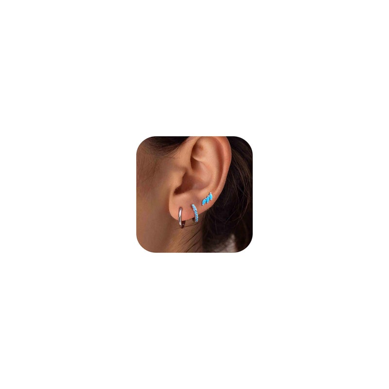 NOKMIT 3 Pairs Mini Hoop Earrings Set for Women Turquoise Huggie Hoop Cute Small Sterling Silver Cartilage Earring Ear Cuff for Multiple Piercing (Turquoise, G) - Image 1