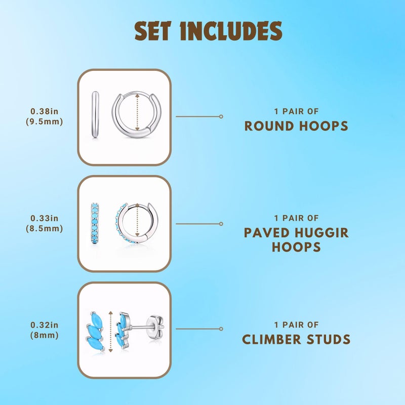 NOKMIT 3 Pairs Mini Hoop Earrings Set for Women Turquoise Huggie Hoop Cute Small Sterling Silver Cartilage Earring Ear Cuff for Multiple Piercing (Turquoise, G) - Image 5