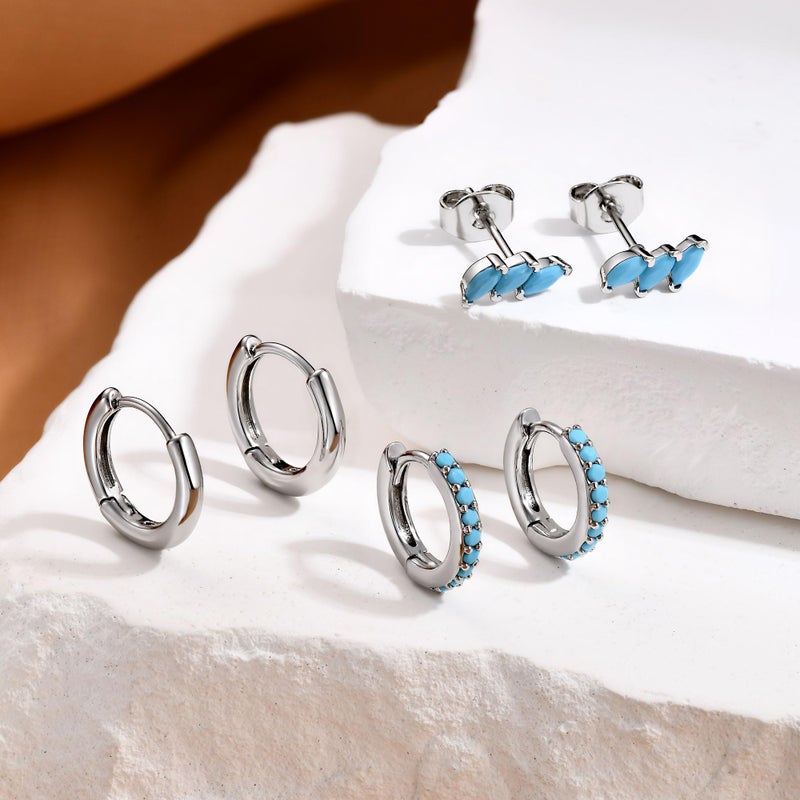 NOKMIT 3 Pairs Mini Hoop Earrings Set for Women Turquoise Huggie Hoop Cute Small Sterling Silver Cartilage Earring Ear Cuff for Multiple Piercing (Turquoise, G) - Image 3