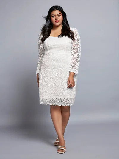 globus Gloplus Women Sweetheart Neck Floral Lace Scalloped Hem Plus Size Sheath Party Dress