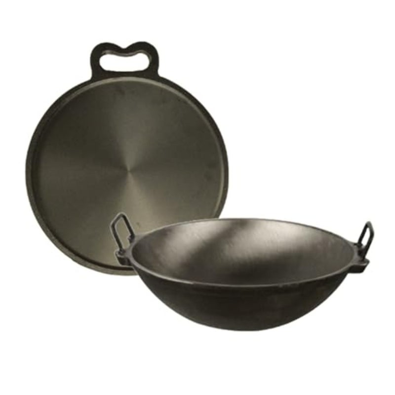 Seasoned Cast Iron 2 Pieces Bundle 28 cm Kadai and Tawa Griddle Black - Image 4