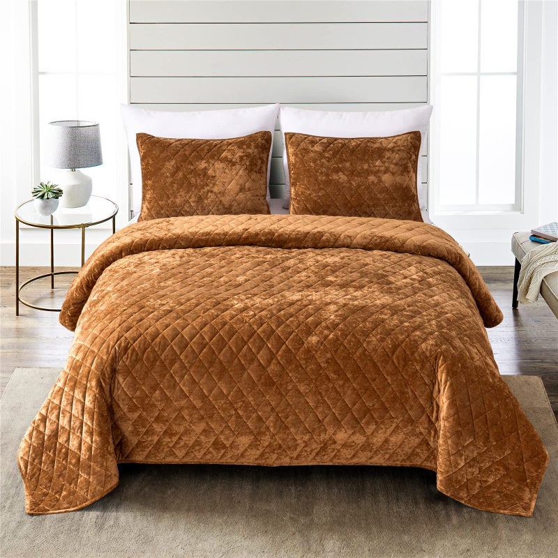 Fredsure Distressed Velvet Quilt Set 3 Pieces Caramel Gold King Distressed Velvet Face and Brushed Microfiber Reverse with Diamond Quilting