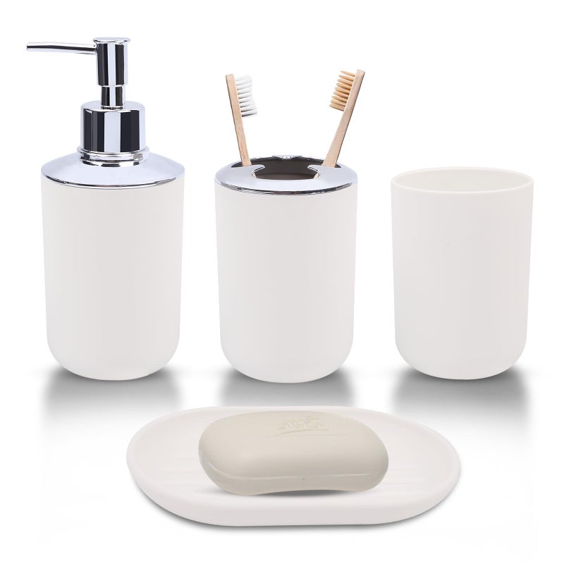 LGURT Matte White Bathroom Accessories Set 4Piece Plastic Bathroom Vanity Set with Soap Dispenser Toothbrush Holder Rinse Cup Soap Dish White Bathroom Counter Organizer - Image 2