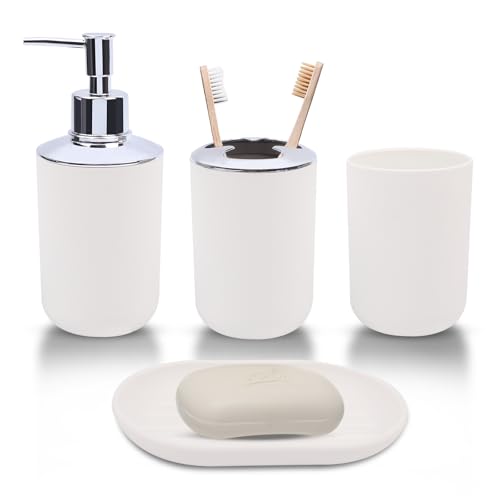 LGURT Matte White Bathroom Accessories Set 4Piece Plastic Bathroom Vanity Set with Soap Dispenser Toothbrush Holder Rinse Cup Soap Dish White Bathroom Counter Organizer - Image 1
