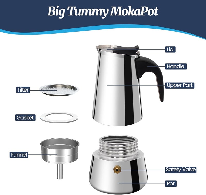 Supvision 12 Cup Moka Pot Stainless Steel 600ml Italian Espresso Coffee Maker Stovetop CoffeeMakers Mocha Pot Percolator for Induction Stove Classic Cafe Makers Portable for Easy Brewing Tummy - Image 3