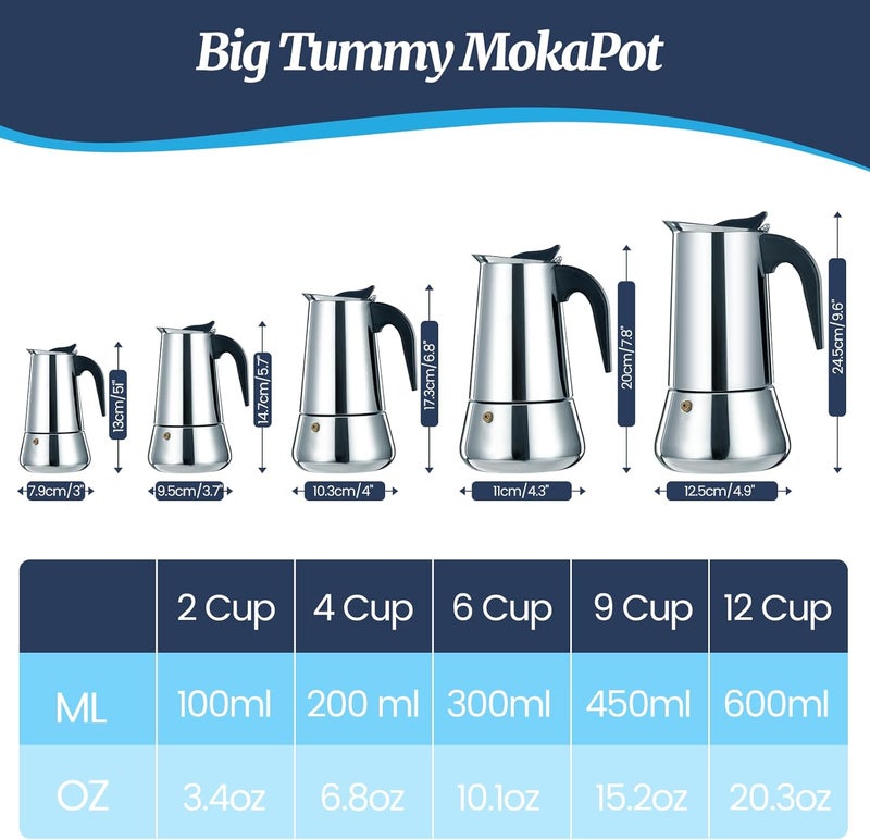 Supvision 12 Cup Moka Pot Stainless Steel 600ml Italian Espresso Coffee Maker Stovetop CoffeeMakers Mocha Pot Percolator for Induction Stove Classic Cafe Makers Portable for Easy Brewing Tummy - Image 2