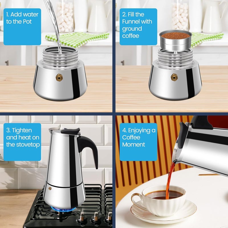 Supvision 12 Cup Moka Pot Stainless Steel 600ml Italian Espresso Coffee Maker Stovetop CoffeeMakers Mocha Pot Percolator for Induction Stove Classic Cafe Makers Portable for Easy Brewing Tummy - Image 5