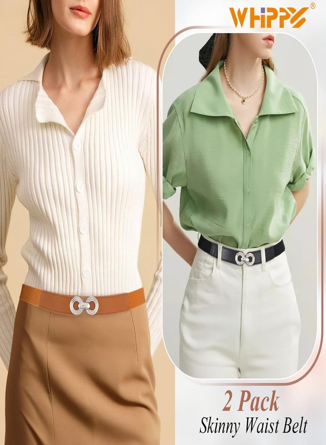 WHIPPY 2 Pack Women Skinny Elastic Belt for Dresses Ladies Thin Stretchy Waist Belt with Round Silver Buckle, Black+Brown, S - Image 2