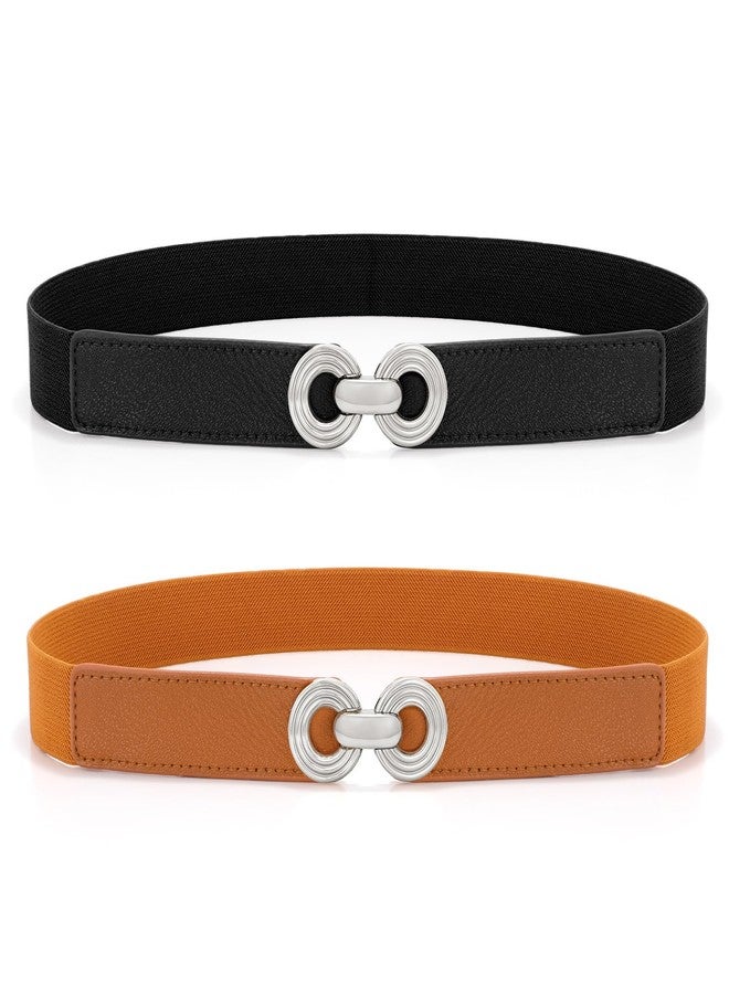 WHIPPY 2 Pack Women Skinny Elastic Belt for Dresses Ladies Thin Stretchy Waist Belt with Round Silver Buckle, Black+Brown, S - Image 1