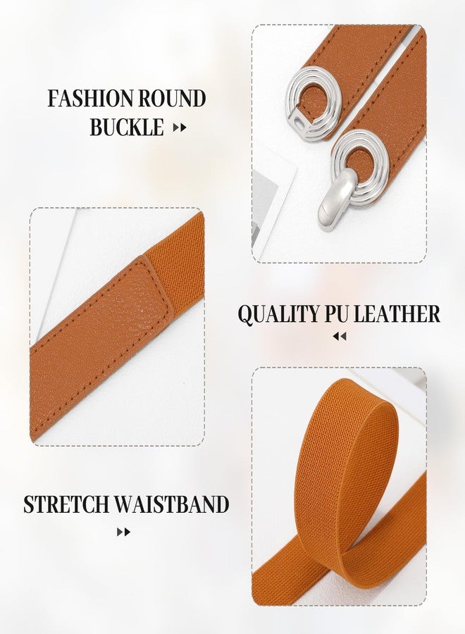WHIPPY 2 Pack Women Skinny Elastic Belt for Dresses Ladies Thin Stretchy Waist Belt with Round Silver Buckle, Black+Brown, S - Image 3