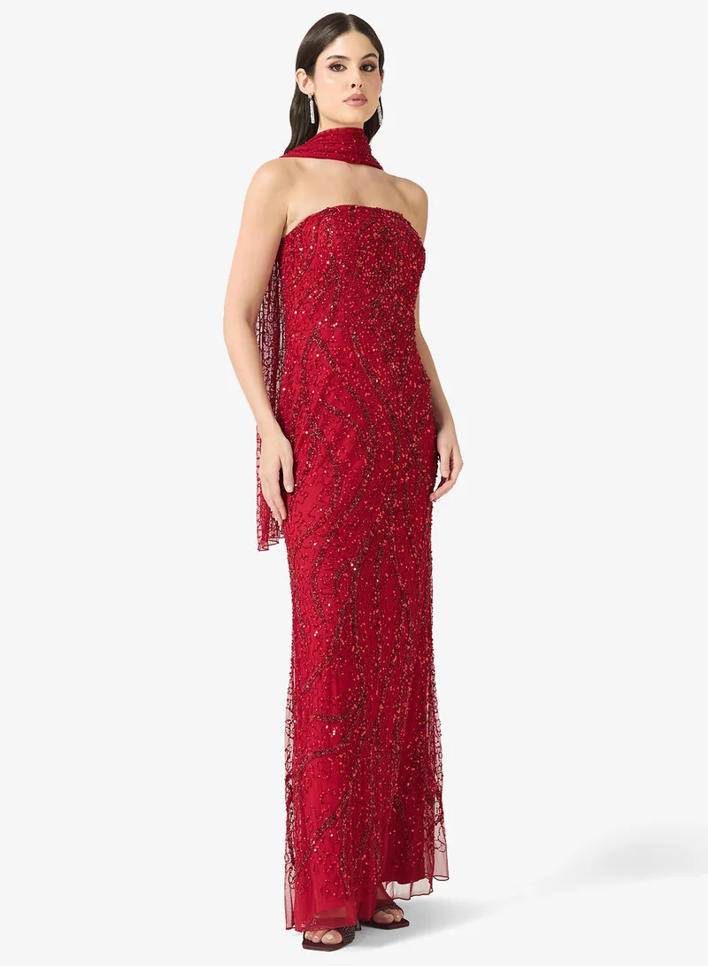 Bandeau Bead Embellished Evening Gown with Scarf Detail