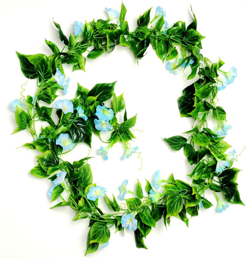 AirSun Artificial Morning Glory Flower Vines, 2pcs 15Feet Hanging Plants Silk Garland Fake Green Plant Home Garden Wall Fence Indoor Outdoor Wedding Birthday Decor (Sky-Blue) - Image 1