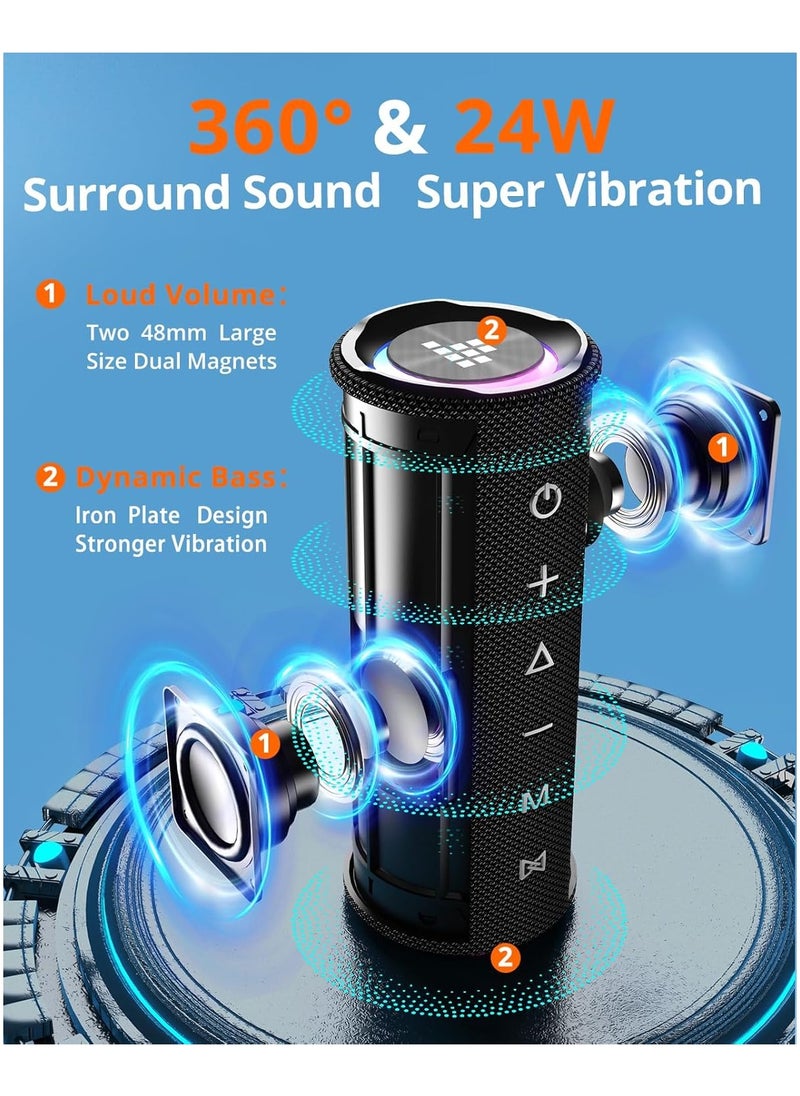 ترونسمارت - مكبر صوت محمول بتقنية البلوتوث من Tronsmart Mirtune C2، صوت محيطي 360 درجة، صوت عالي الدقة 24 وات وصوت جهير عميق، مقاوم للماء IPX7، وقت تشغيل 24 ساعة، أضواء، اقتران ستيريو مع TF/AUX للاستخدام في الهواء الطلق والمنزل والحفلات (أسود) - Image 1