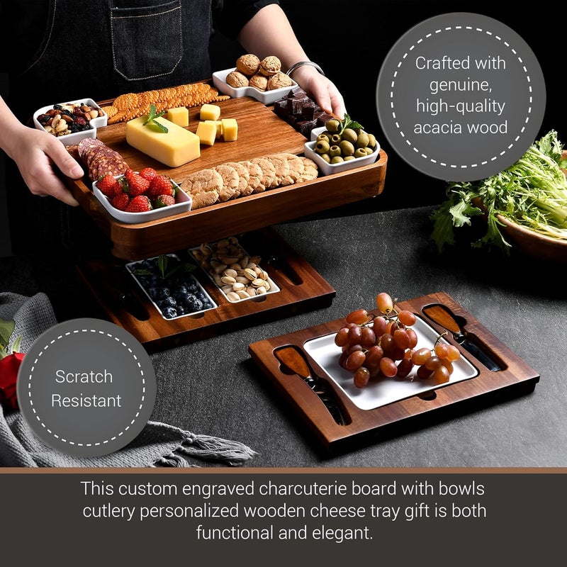Shanik Upgraded Acacia Cheese Board Set, Square Shaped Charcuterie Set, Cheese Platter, Handcrafted Design and Stainless Steel Cutlery Set - Gift for Any Occasion No Engraving - Image 2