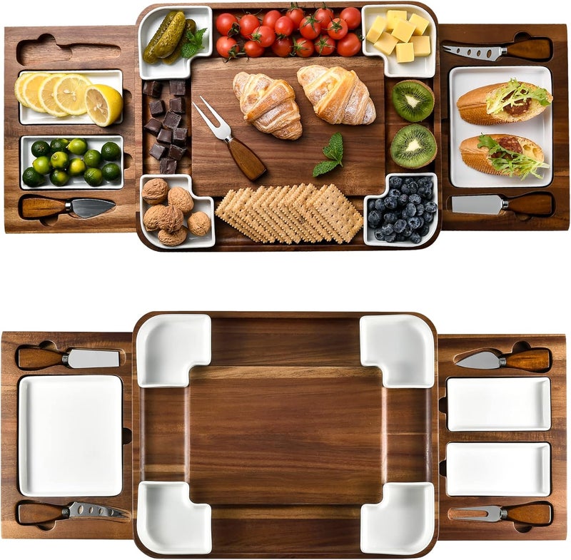 Shanik Upgraded Acacia Cheese Board Set, Square Shaped Charcuterie Set, Cheese Platter, Handcrafted Design and Stainless Steel Cutlery Set - Gift for Any Occasion No Engraving - Image 1