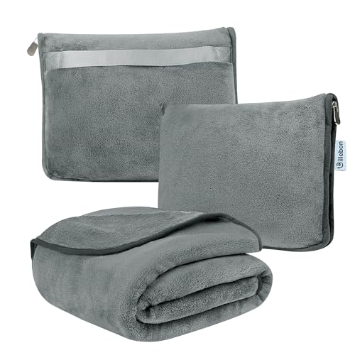 Billebon Travel Blanket Airplane Compact Soft Lightweight & Cozy Blanket with Soft Bag Pillowcase Packable Travel Blanket Perfect for Flight Car Bus Train (Grey, 5 Ft. X 3 Ft.) - Image 1