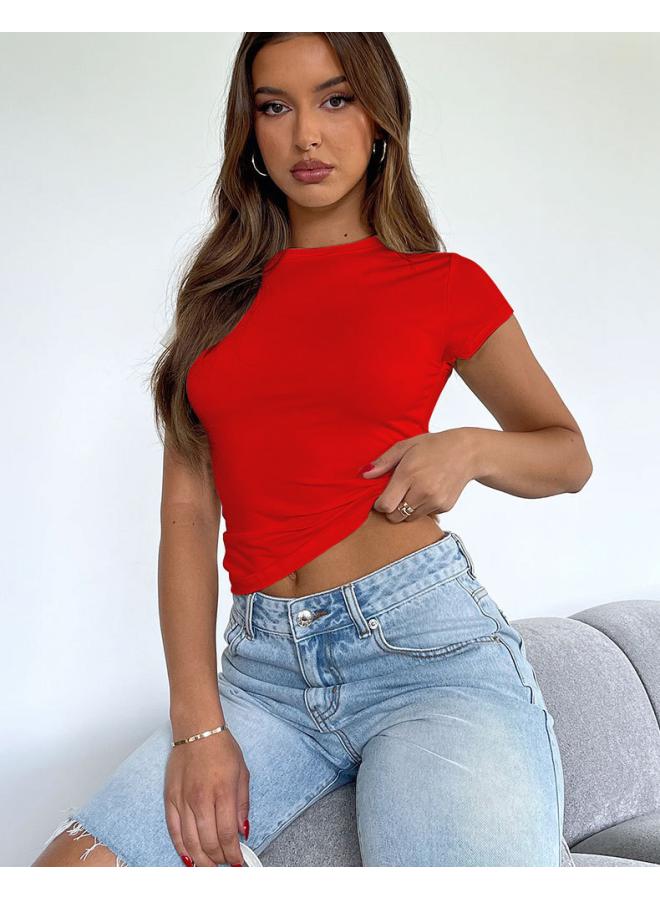 European And American Women's Casual Short-sleeved T-shirt Spring And Summer Solid Color Slim-fit Pullover T-shirt Women's Street Base Shirt 
