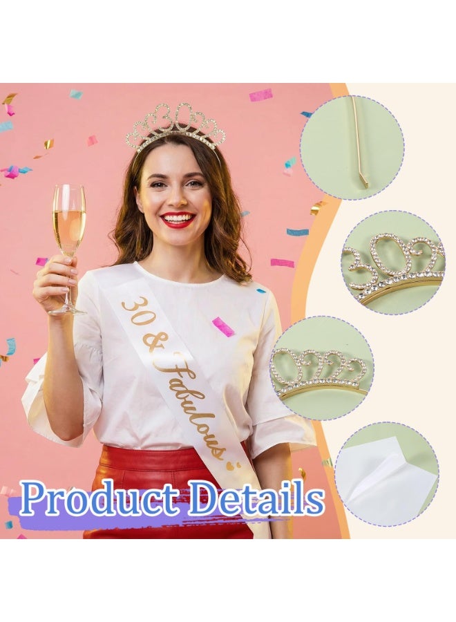 Gold 30th Birthday Sash & Tiara Crown Set, Thirty Queen Headband Decor Gift for 30 Years Old Women Party - Image 3