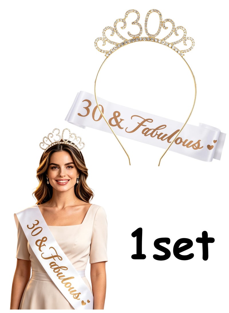 Gold 30th Birthday Sash & Tiara Crown Set, Thirty Queen Headband Decor Gift for 30 Years Old Women Party - Image 1