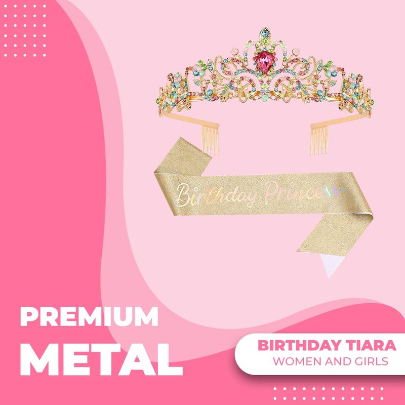 Papoopy Birthday Tiara and Crown with Sash for Women, Hair Accessories for Wedding Party Costume (C - Multicolor) - Image 2