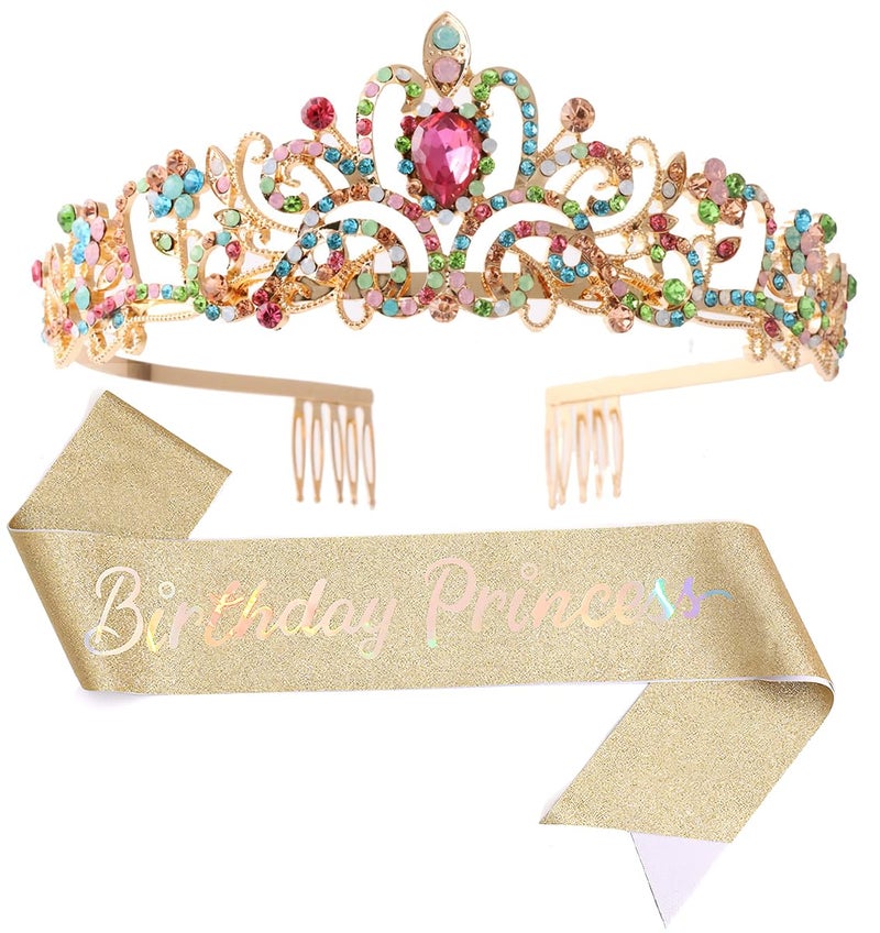 Papoopy Birthday Tiara and Crown with Sash for Women, Hair Accessories for Wedding Party Costume (C - Multicolor) - Image 1