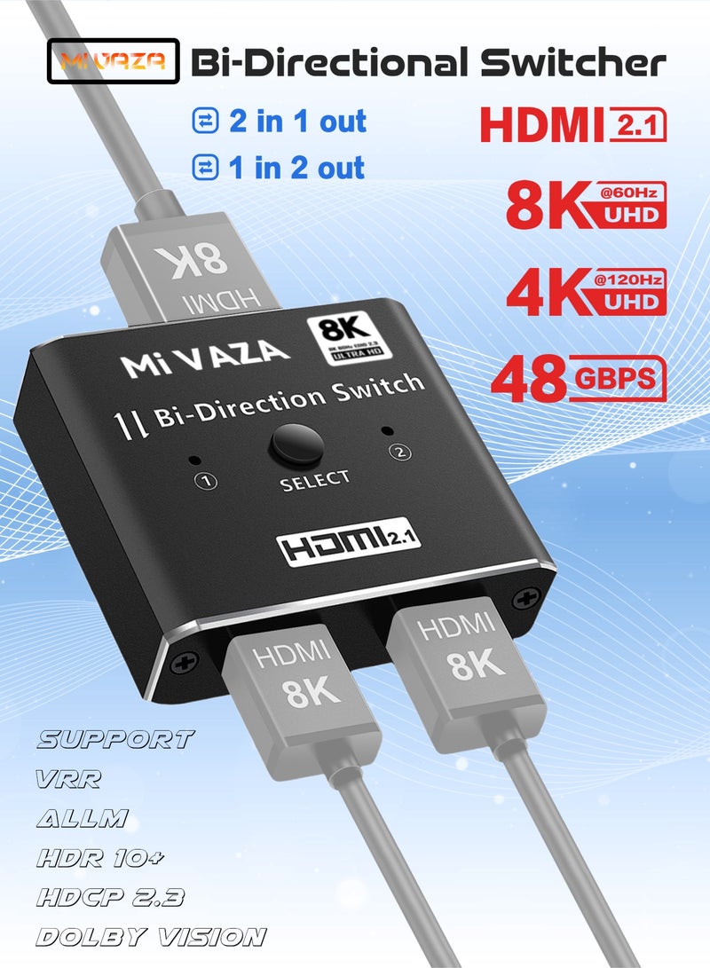 Mi VAZA 8K HDMI 2.1 Switch Splitter - Supoort 8K@60Hz, 4K@120Hz, 2K@144Hz - Support HDR, 48Gbps, 3D, Dolby, VRR, HDCP 2.3 - Bi-Directional HDMI Switcher Compatible with Computers, Laptop, Monitor, PS5, Xbox, TV, VR Device, Game Console - Image 1