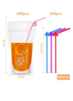 KASTWAVE HassanOuld 100 pcs Disposable Drink Container Set - Reclosable Zipper Plastic Pouches Bags Drinking Bags with Colorful Straws (Transparent)  - Image 2
