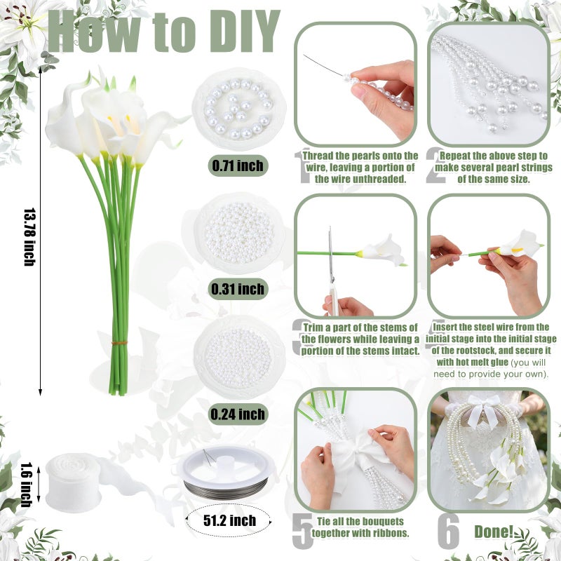 Suncalla 20 Pcs Bridal Bouquet Wedding Calla Lily Bride Pearl Bouquet Faux Artificial Realistic White Calla Lily Flowers for DIY Wedding Bridesmaid Bride Holding Flowers Arrangement Decor - Image 2