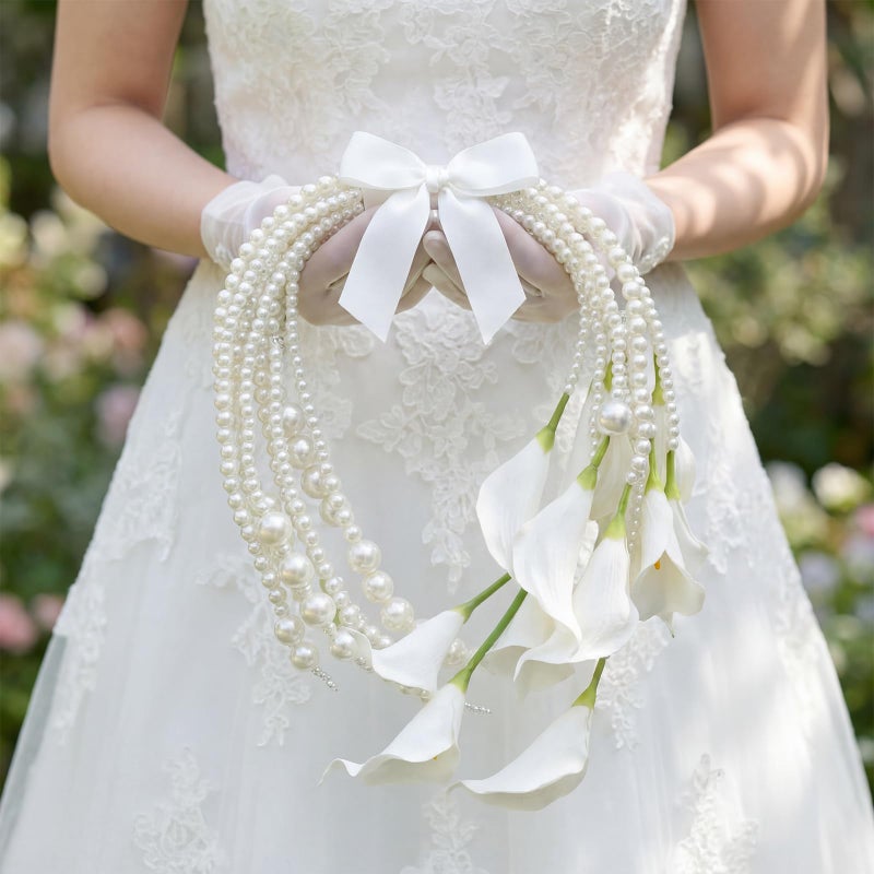 Suncalla 20 Pcs Bridal Bouquet Wedding Calla Lily Bride Pearl Bouquet Faux Artificial Realistic White Calla Lily Flowers for DIY Wedding Bridesmaid Bride Holding Flowers Arrangement Decor - Image 1